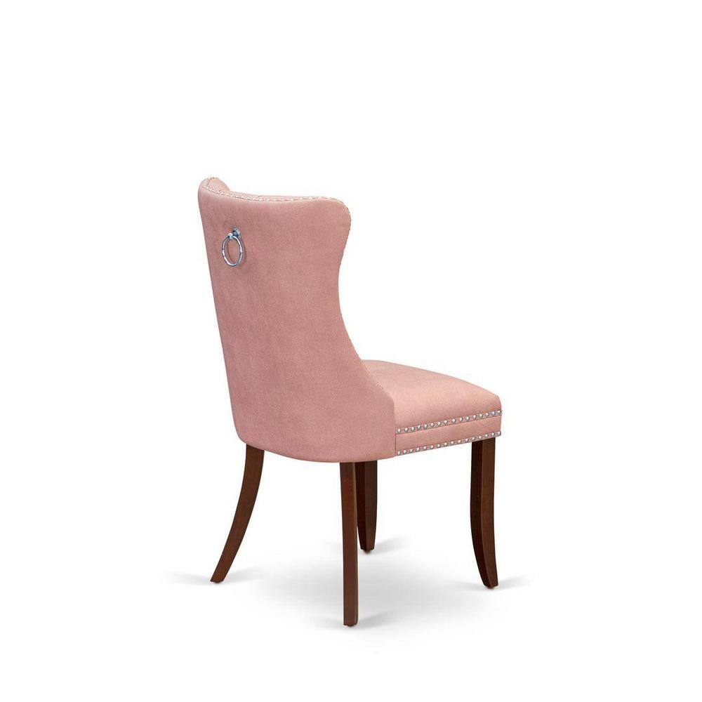 Mahogany Finish Round Pedestal Dining Table with Pink Tufted Chairs