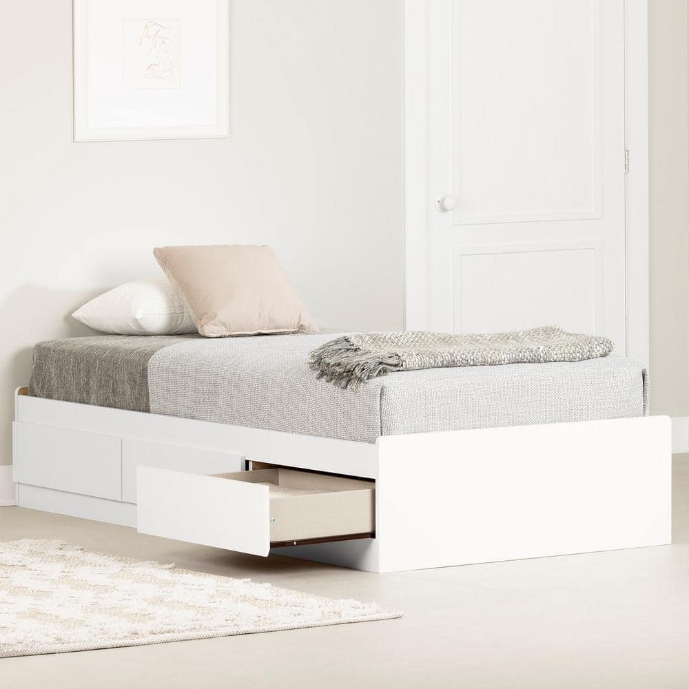 Pure White Twin Wood Frame Platform Bed with Storage Drawers