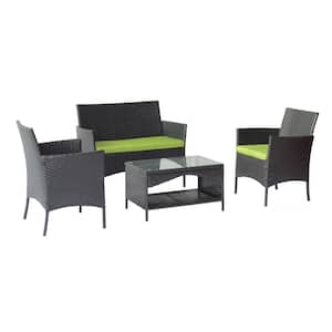 Black 4-Piece Metal Wicker Rectangular Outdoor Dining Set with Green Cushions