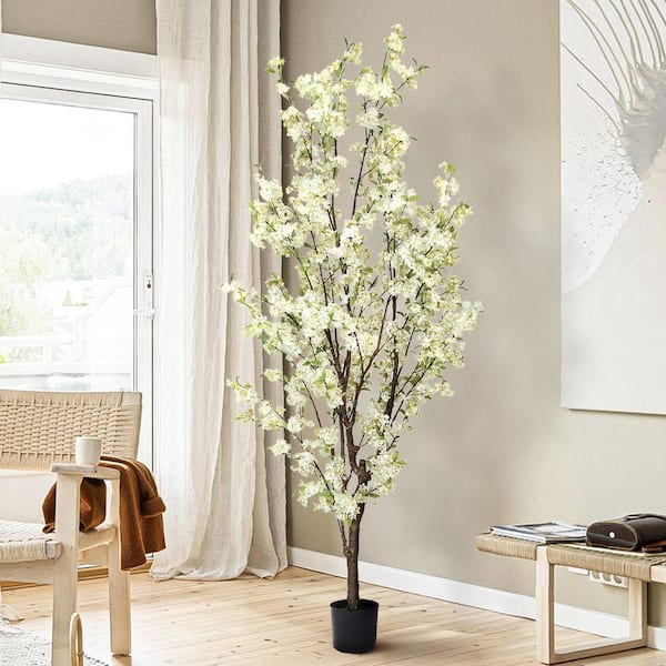 LIVING LUXURY 8.5 ft. Cream White Artificial Cherry Blossom Flower