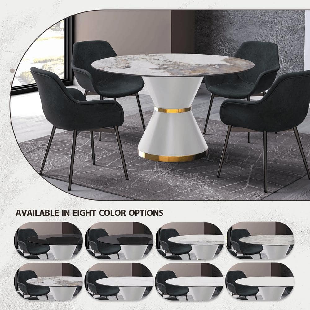 Modern Round White and Gold Dining Table with Glass Top for Six