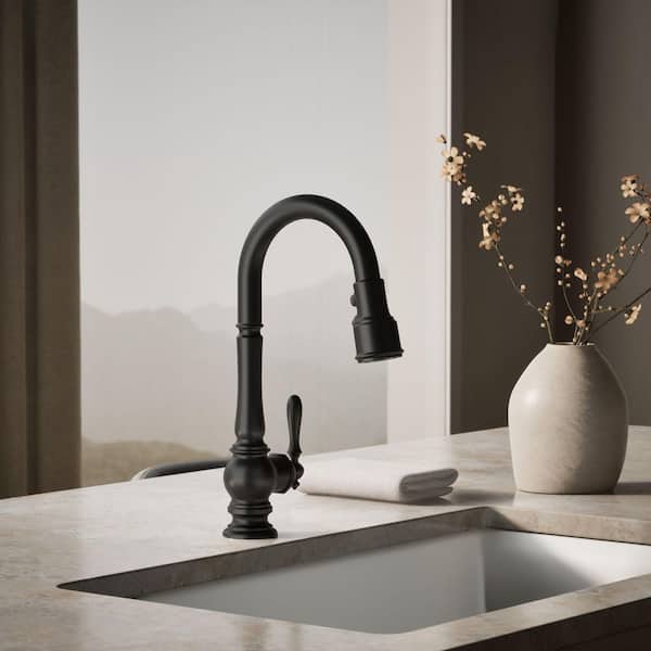Artifacts Single Handle Pull-Down Kitchen Sink Faucet with 3-Function Sprayhead in Matte Black