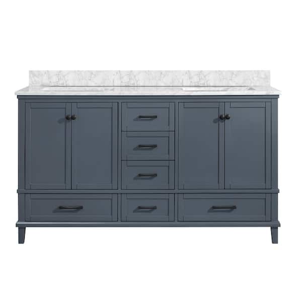 Merryfield 61 in. Double Sink Freestanding Dark Blue-Grey Bath Vanity with White Carrara Marble Top (Assembled)