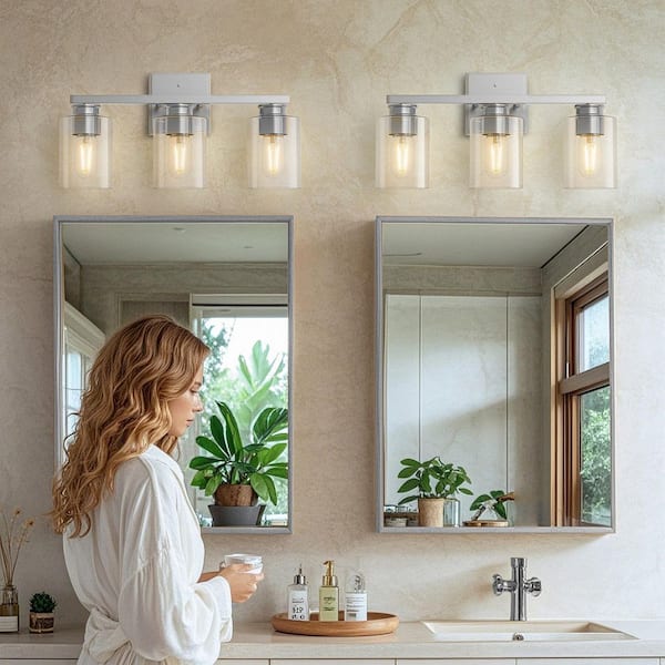 18 in. 3-Light Brushed Nickel Vanity Light with Cylinder Clear Glass Shades for Vanity, Powder Room or Dressing Room