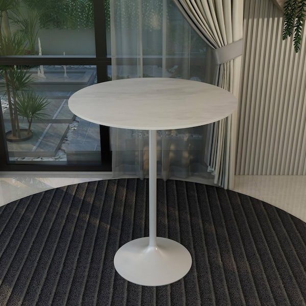 Round 36 in. Bar Height Dining Table with Sintered Stone Top and White Steel Pedestal Base Verve Series in Marble White