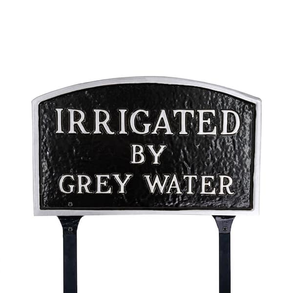 Montague Metal Products 13 in. x 21 in. Large Arch Irrigated by Grey Water Statement Plaque Sign with Lawn Stakes - Black/Silver
