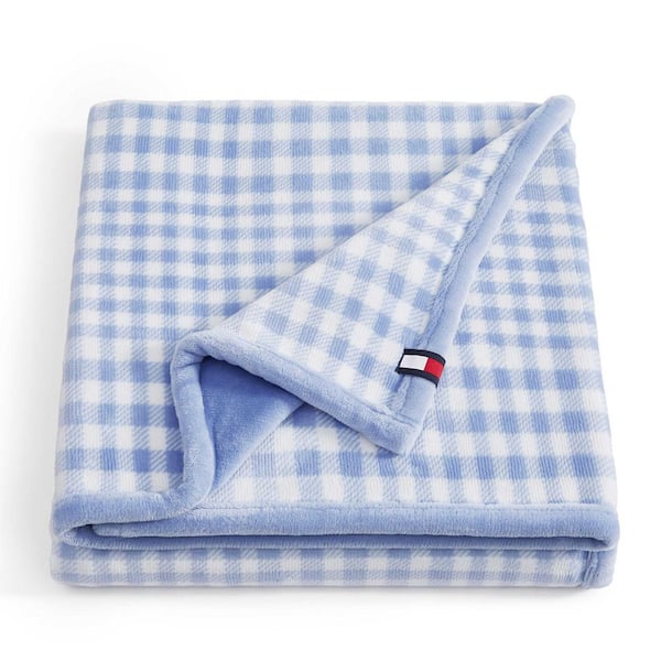 Modern Check 1-Piece Boathouse Blue/White Reversible Lush Plush Fleece 50 x 70 Throw Blanket