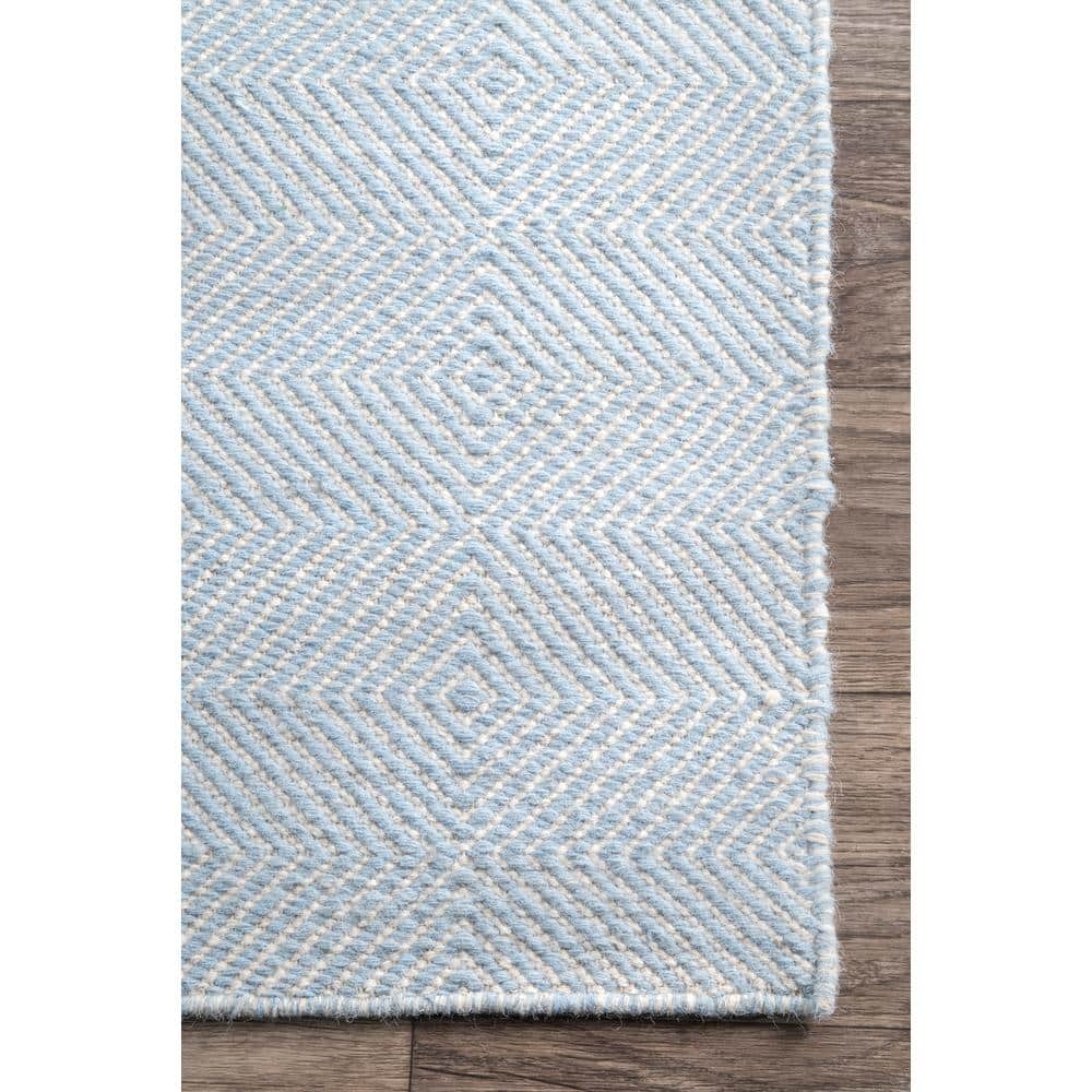 Light Blue Geometric Handwoven Wool Area Rug, 5' x 8'