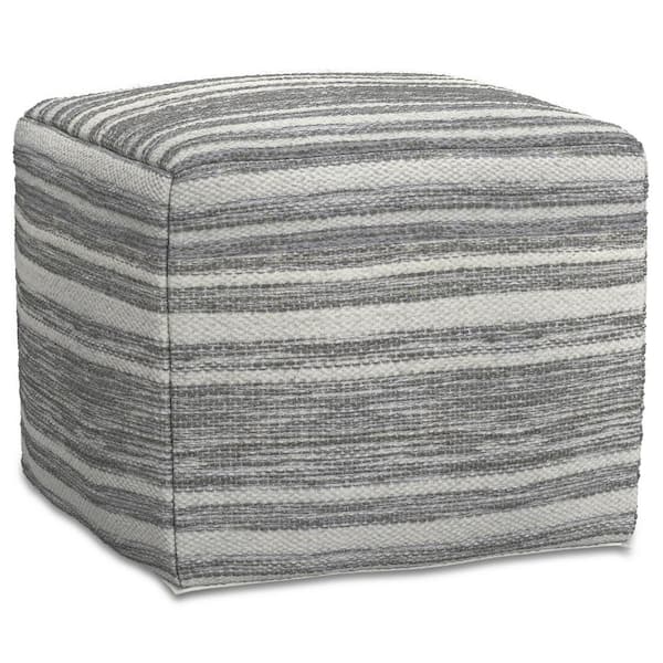Simpli Home Carina Contemporary Square Woven Pouf in Black Melange, White Wool