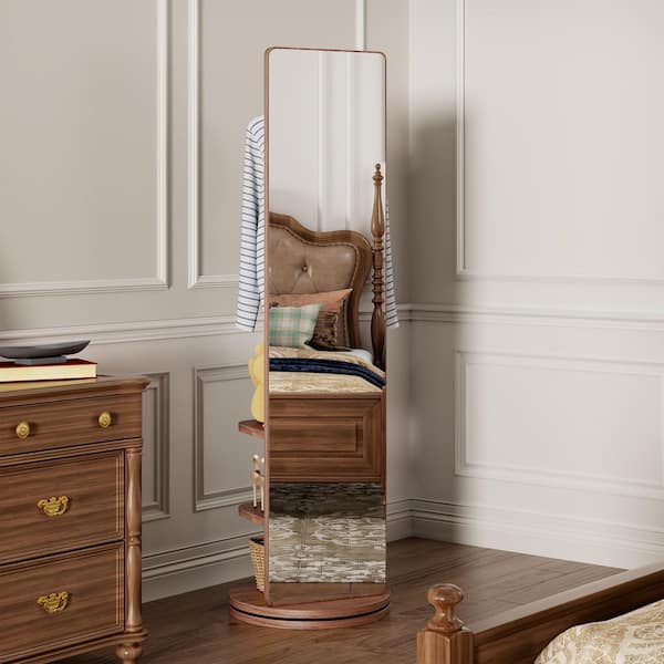 360° Rotating Floor Mirror with Coat Hooks,Shelves for Bedroom Entryway,Brown 19.7 in. W x 69 in. H Full-Length Mirror