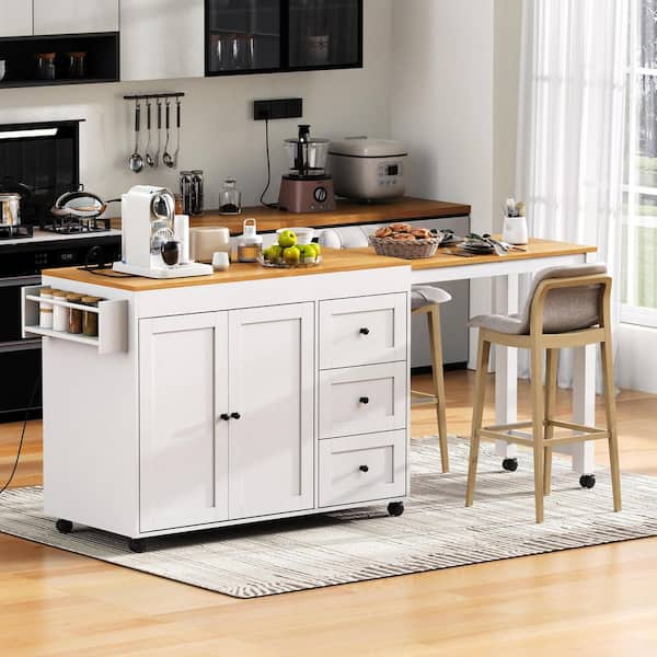 White Wood 74.8 in. Kitchen Island with Extendable Dining Table, Charging Station and Drawers