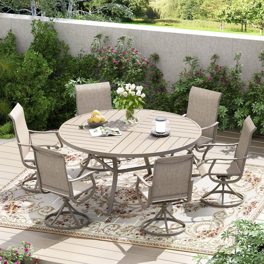 7-Piece All-Weather Metal Outdoor Patio Dining Set with 53.1 in. Sandshell Round Table and 6 Sandshell Swivel Chairs price history on PriceWatchPro