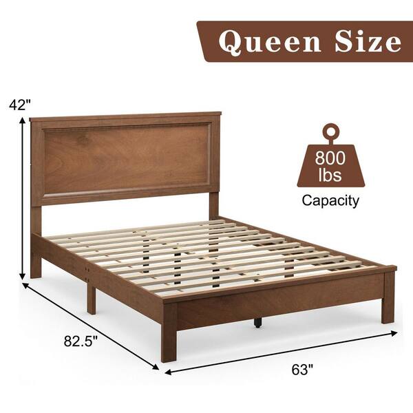 Walnut Wood Queen Platform Bed Frame with Headboard, No Box Spring Needed