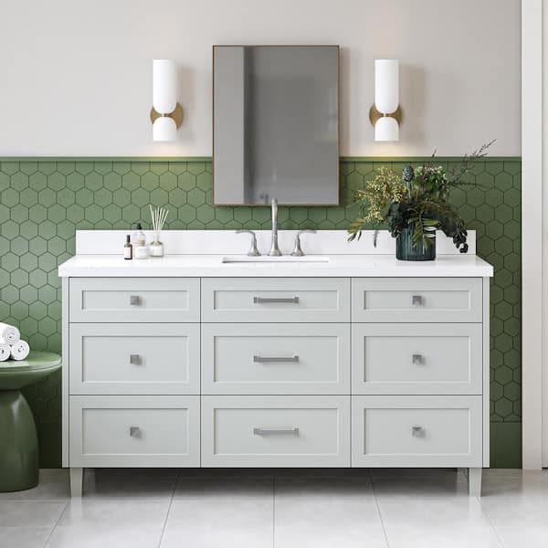 Monroe 66 in. W x 22 in. D x 36 in. H Single Bath Vanity in Gray with Pure White Quartz Top