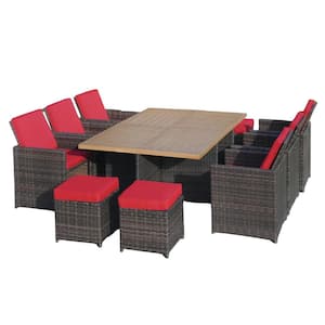 Jacket Brown 11-Piece Wicker Rectangular Outdoor Dining Set with Red Cushion, Aluminum Table Top