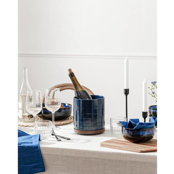 Dark Blue Ceramic Utensil Holder with 360° Rotating Wooden Base Cooking Utensil Crocks for Kitchen Counter