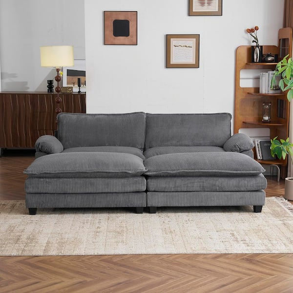 Multi-Cushion's Beta Collection 90 in.Wide Pillow Top Arm Corduroy Modern Loveseats with 2 Ottoman in Gray