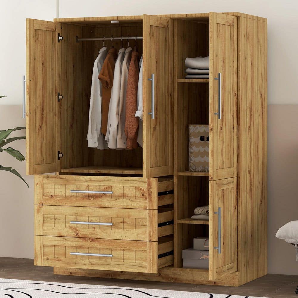 4-Door Natural Wood 47.2 in. Wardrobe Armoire Closet with 3-Drawers