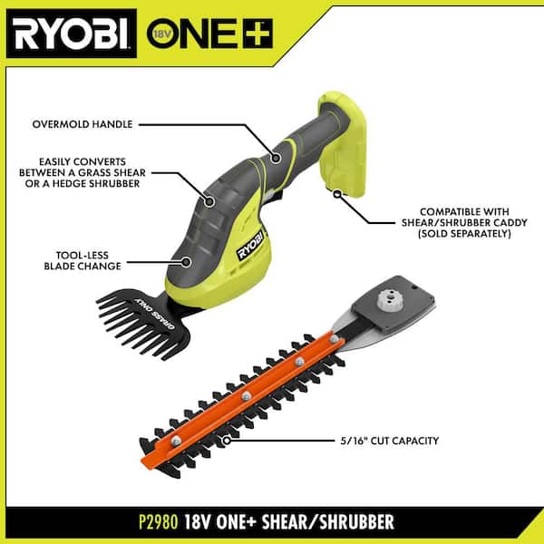RYOBI ONE+ 18V Cordless Grass Shear and Shrubber Trimmer with 2.0