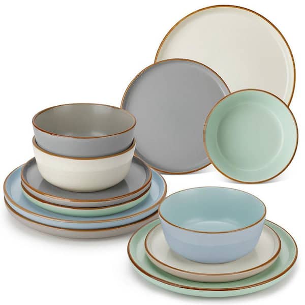 12-Piece Blue Green Beige Gray Stoneware Dinnerware Set Service for 4 Tableware Bowls and Plates Set Dishware Set