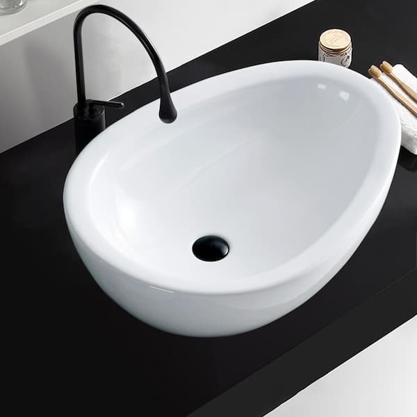 Satico 26 in. Special Oval Shape Ceramic Bathroom Sink Basin Top Mount Vessel Sink in White