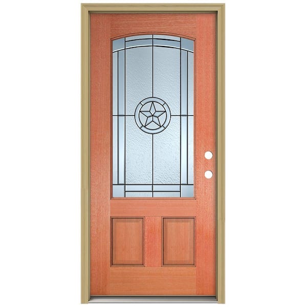 JELD-WEN 36 in. x 80 in. Lone Star Camber Top 3/4 Lite Unfinished Mahogany Prehung Front Door with Brickmould and Patina Caming
