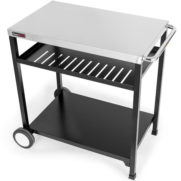 Outdoor Grill Cart Triple-Shelf Moveable Outdoor Food Prep Table, Silver and Black