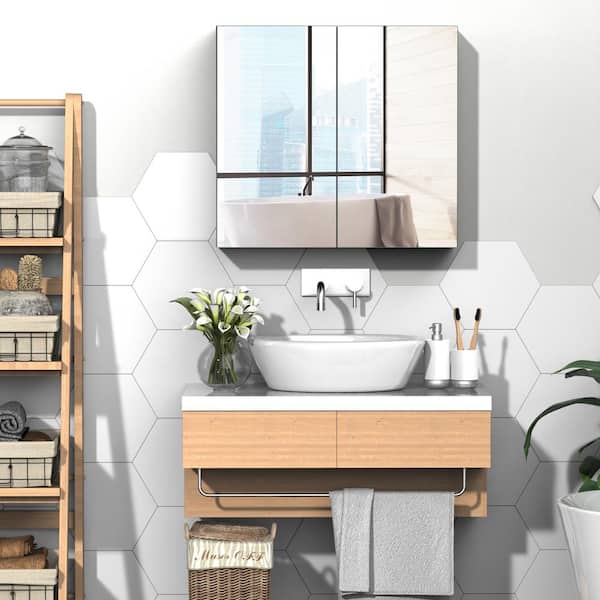 24 in. W x 22 in. H Rectangular Steel Frame Medicine Cabinet with Mirror, Bathroom Mirror Cabinet with Shelf and 2 Doors