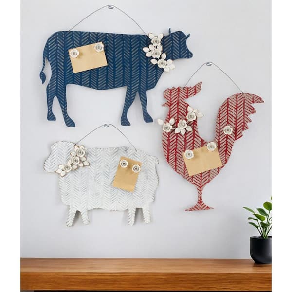 HomeRoots 22 in. x 18.25 in. Red, White, Blue White and Farm Animals Metal Magnetic Wall Art 3-Piece