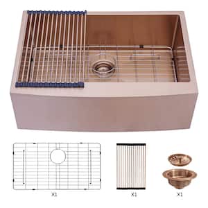 33 in. Farmhouse/Apron-Front Single Bowl 16-Gauge Rose Gold Kitchen Sink with Rolling Drying Rack
