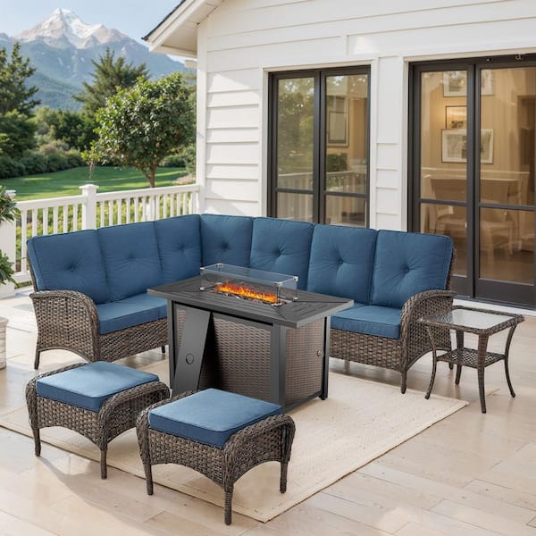 Carlos 6-Piece Wicker Patio Conversation Set with Fire Pit Table, 6-Seat Outdoor Sectional Sofa Set with Blue Cushions