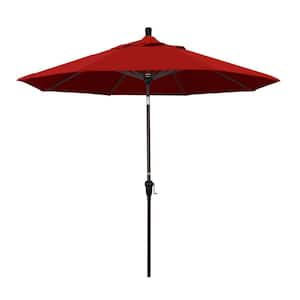 9 ft. Bronze Aluminum Pole Market Aluminum Ribs Auto Tilt Crank Lift Patio Umbrella in Jockey Red Sunbrella