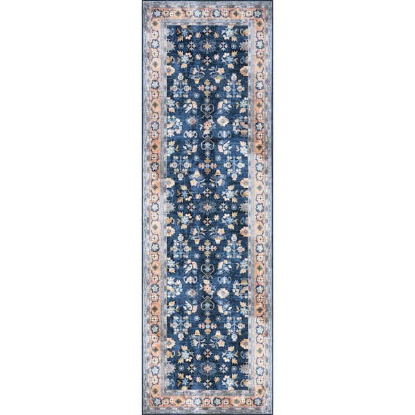 Dayflower Vintage Machine Washable Blue 3 ft. x 8 ft. Runner Rug