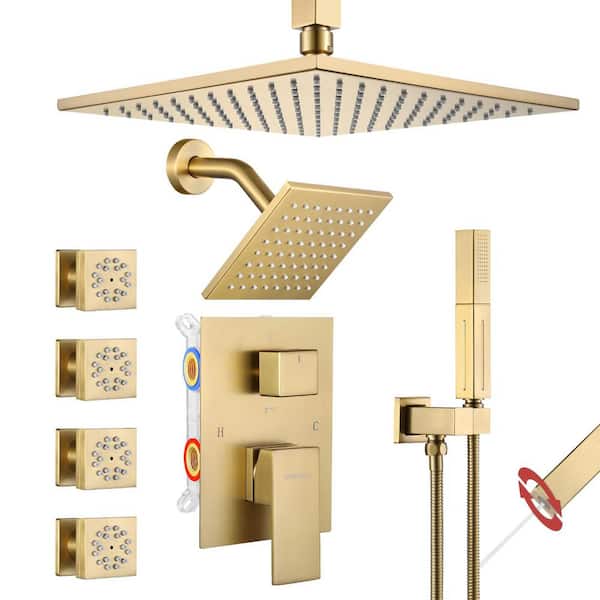 Luxury Single Handle 5-Spray Shower Faucet 1.8 GPM 10 in. Square Ceiling Mounted with Pressure Balance in. Brushed Gold