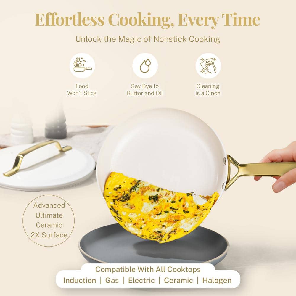 Cream and Gold 11-Piece Nonstick Aluminum Cookware Set