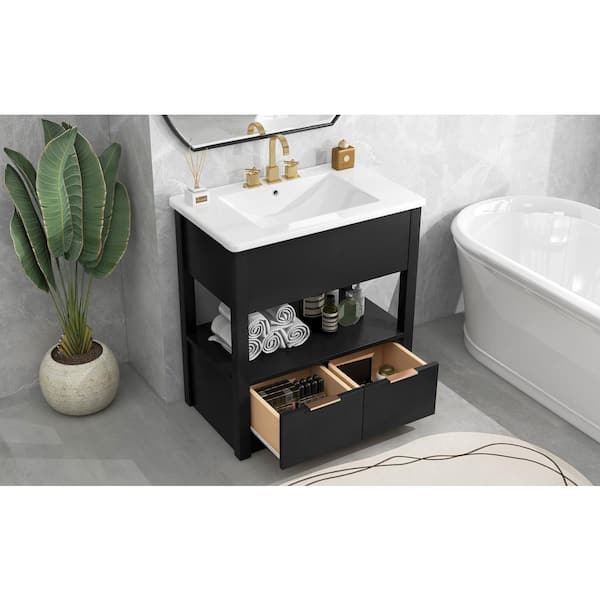 Unbranded 30 in. W x 18 in. D x 33 in. H Single Sink Freestanding Bath Vanity in Black with White Ceramic Top