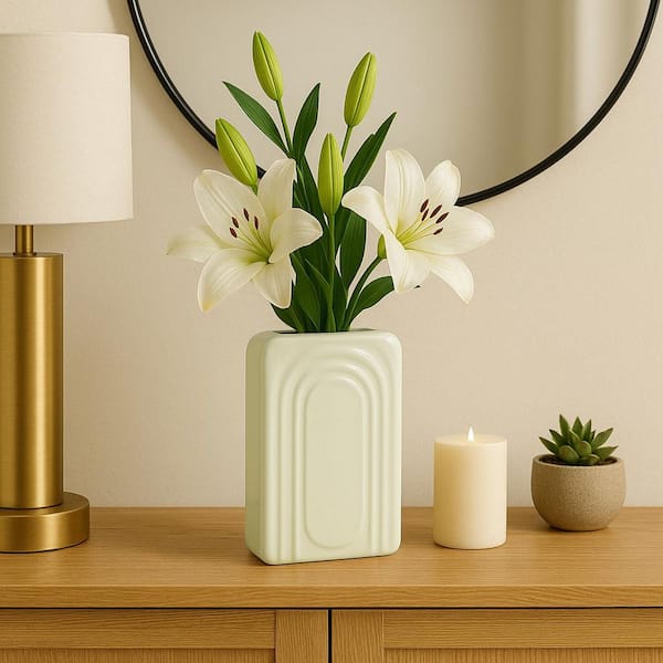 7 in. Cotton White Stoneware Geometric Rectangular Decorative Vase