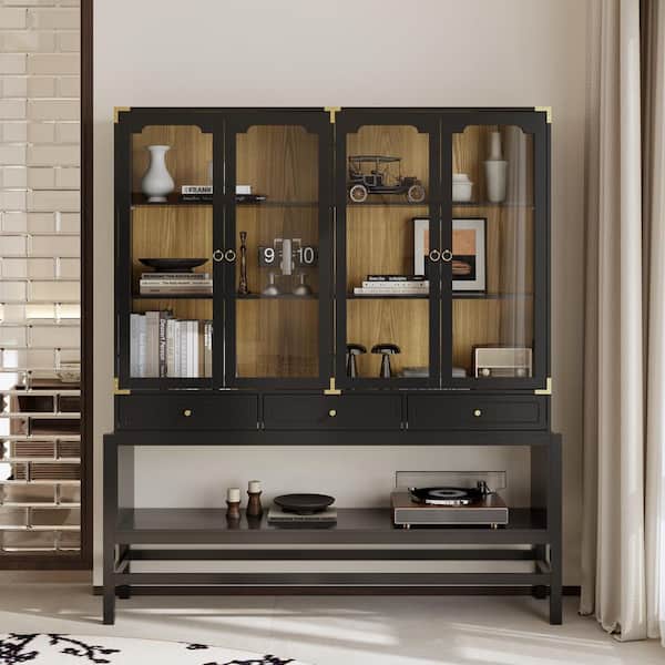 74.8 in. Tall Black Wood 7-Shelf Standard Bookcases with 4-Glass Doors, 3-Drawers, Open Shelf, Display Cabinet