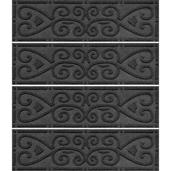 Bungalow Flooring Waterhog Scroll 8.5 in. x 30 in. PET Polyester Indoor Outdoor Stair Tread Cover (Set of 4) Charcoal