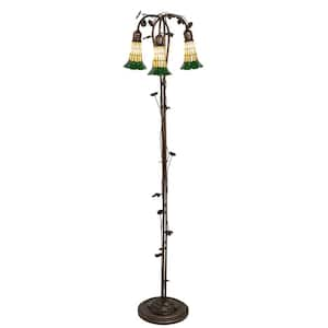 Pond Lily 58 in. Mahogany Bronze Victorian 3-Light Dimmable Arc Floor Lamp with Stained Glass Cone Shade