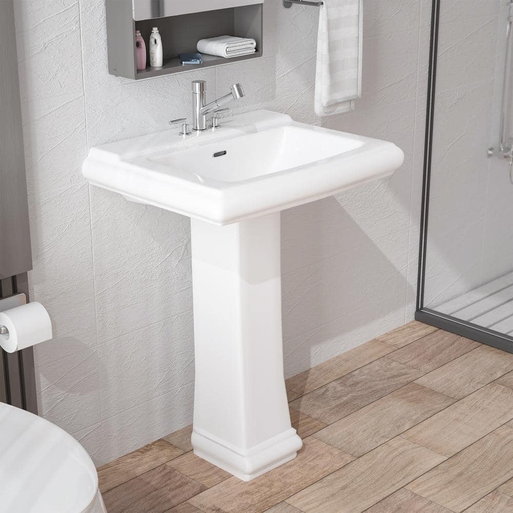 White Rectangular Ceramic Pedestal Sink with Overflow
