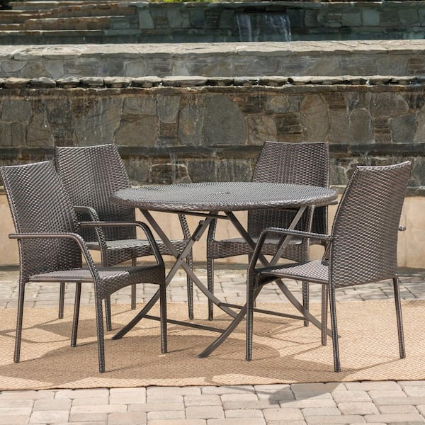 Noble House Kiera Multi Brown 5 Piece Faux Rattan Outdoor Dining Set 20595 The Home Depot 