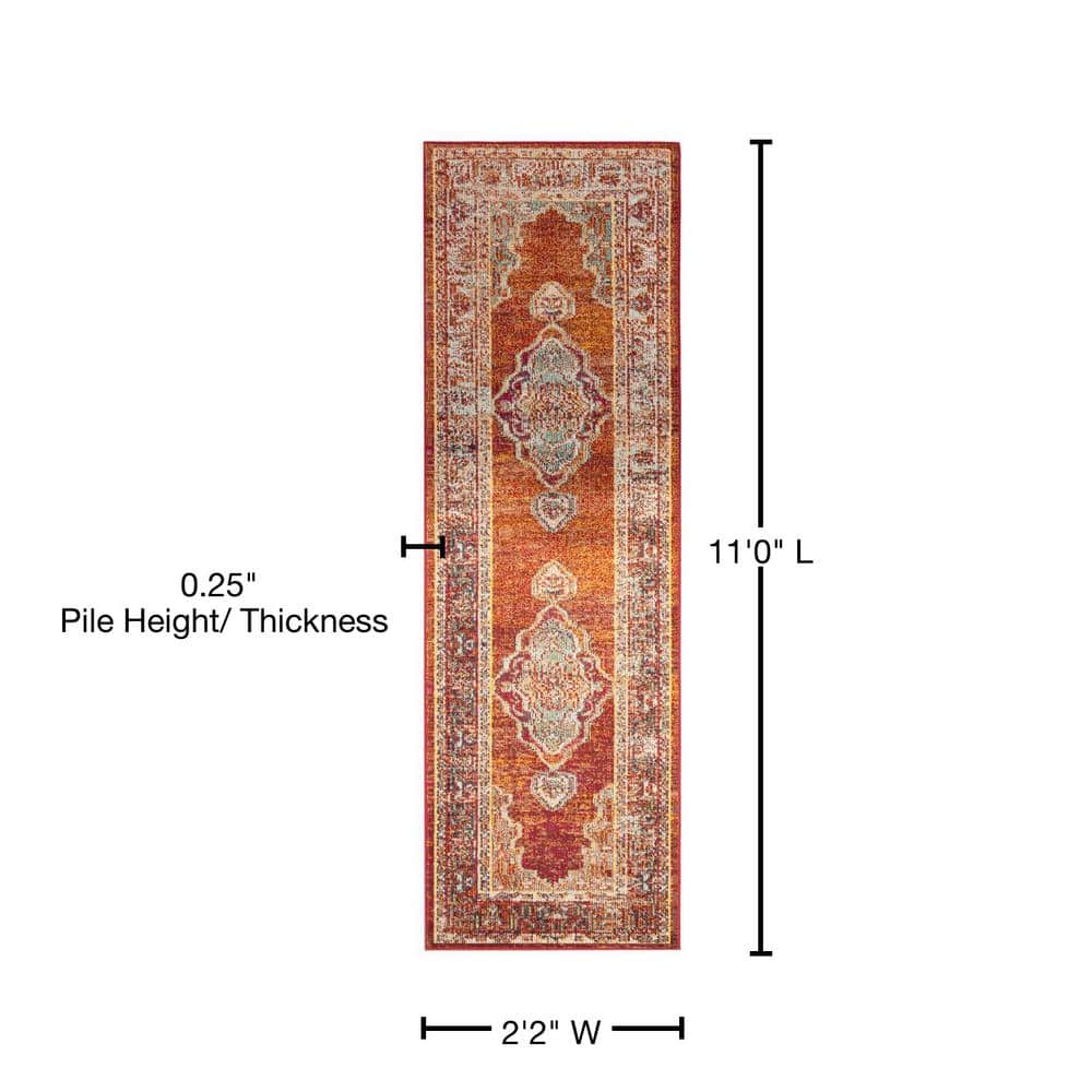 Orange and Light Blue Synthetic Oriental Runner Rug, 2'2" x 11'