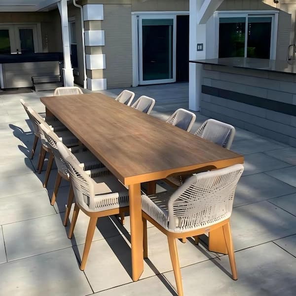 11-Piece Aluminum Outdoor Dining Set Teak Patio Furniture Set Wicker Table and Chairs with Cushions
