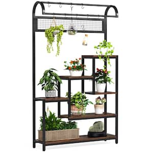 Wellston 70.8 in. Brown Rectangle 5-Tier Wooden Indoor Plant Stand Flower Rack with 10-Hook and Ladder Shelves