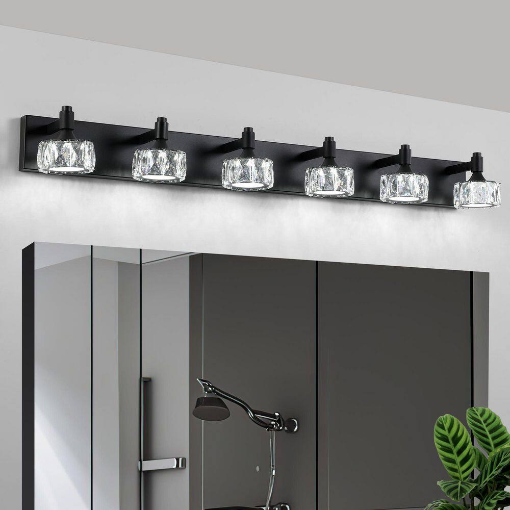 44 in. 6-Light Matte Black Modern LED Vanity Light with Prismatic Crystal Glass Shade, Dimmable for Bathroom Makeup price history on PriceWatchPro