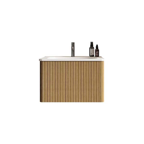 24 in. Single Sink Floating Oak Bath Vanity with White Ceramic Top (Assembled), Curved Edges