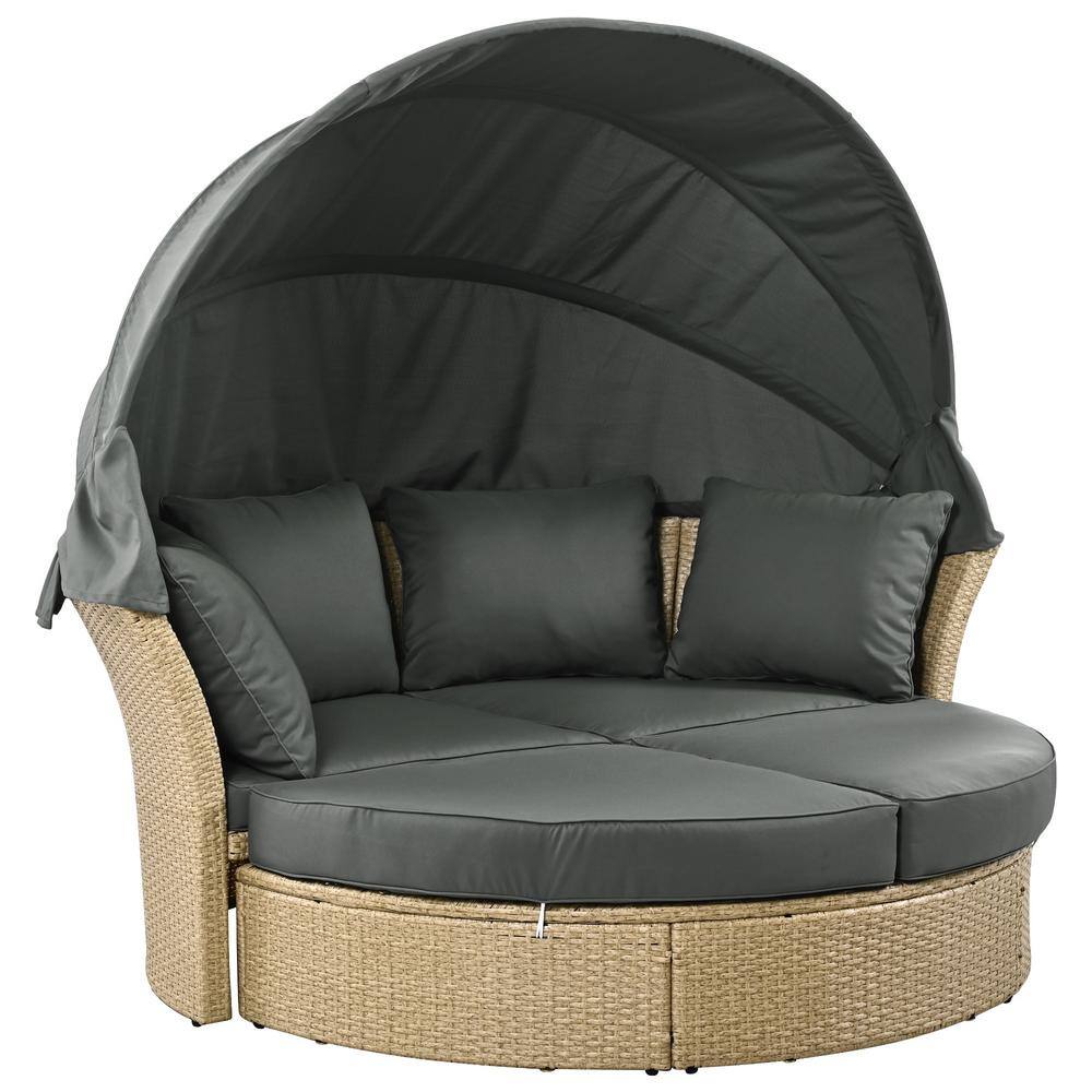 Wicker Rattan Outdoor Double Day Bed Round Sofa Furniture Set with Grey Cushions, Retractable Canopy, 4 Pillows price history on PriceWatchPro