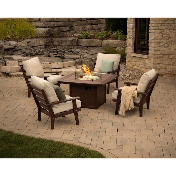 POLYWOOD Grant Park Black 5-Piece Deep Seating Fire Pit Patio Set with Wheat Cushions