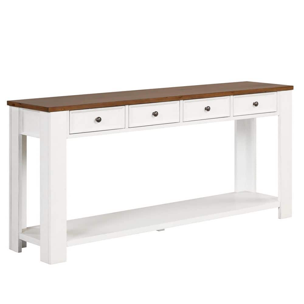 63 in. Rectangle Pine Wood Console Table with 4 Drawers and 1 Bottom Shelf 